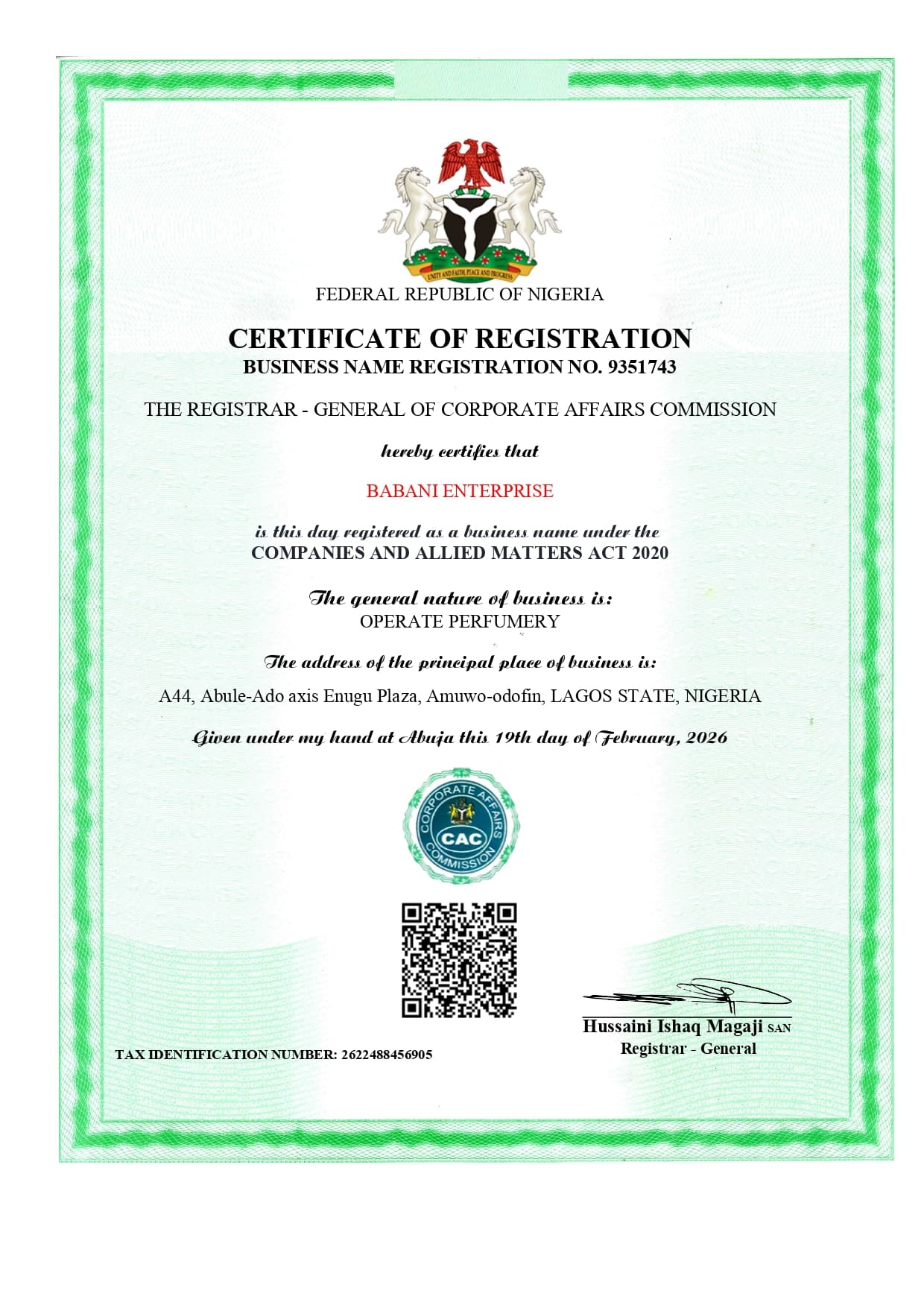 Babani Enterprise Official Certificate